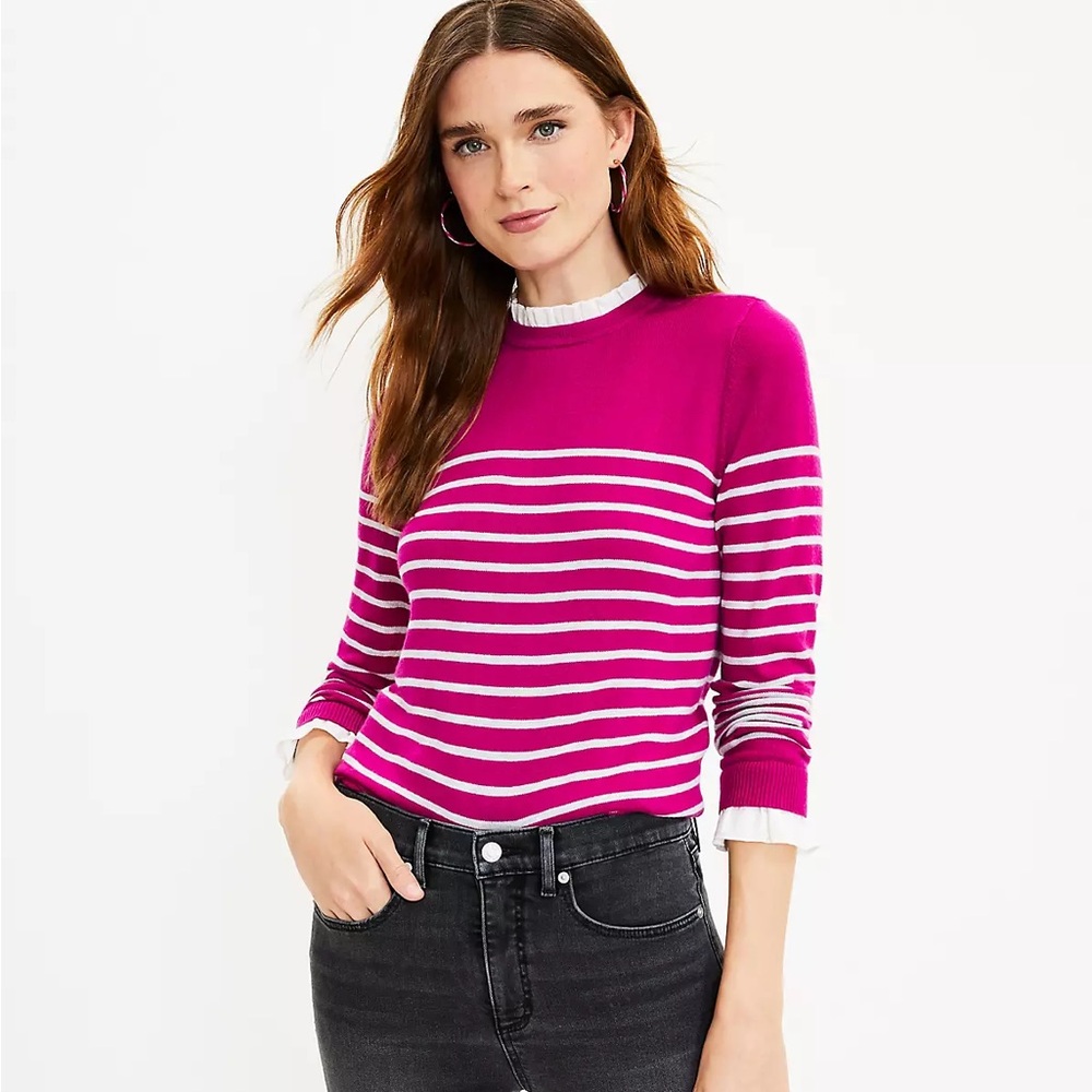 LOFT Mixed Media Ruffle Trim Pink Sweater